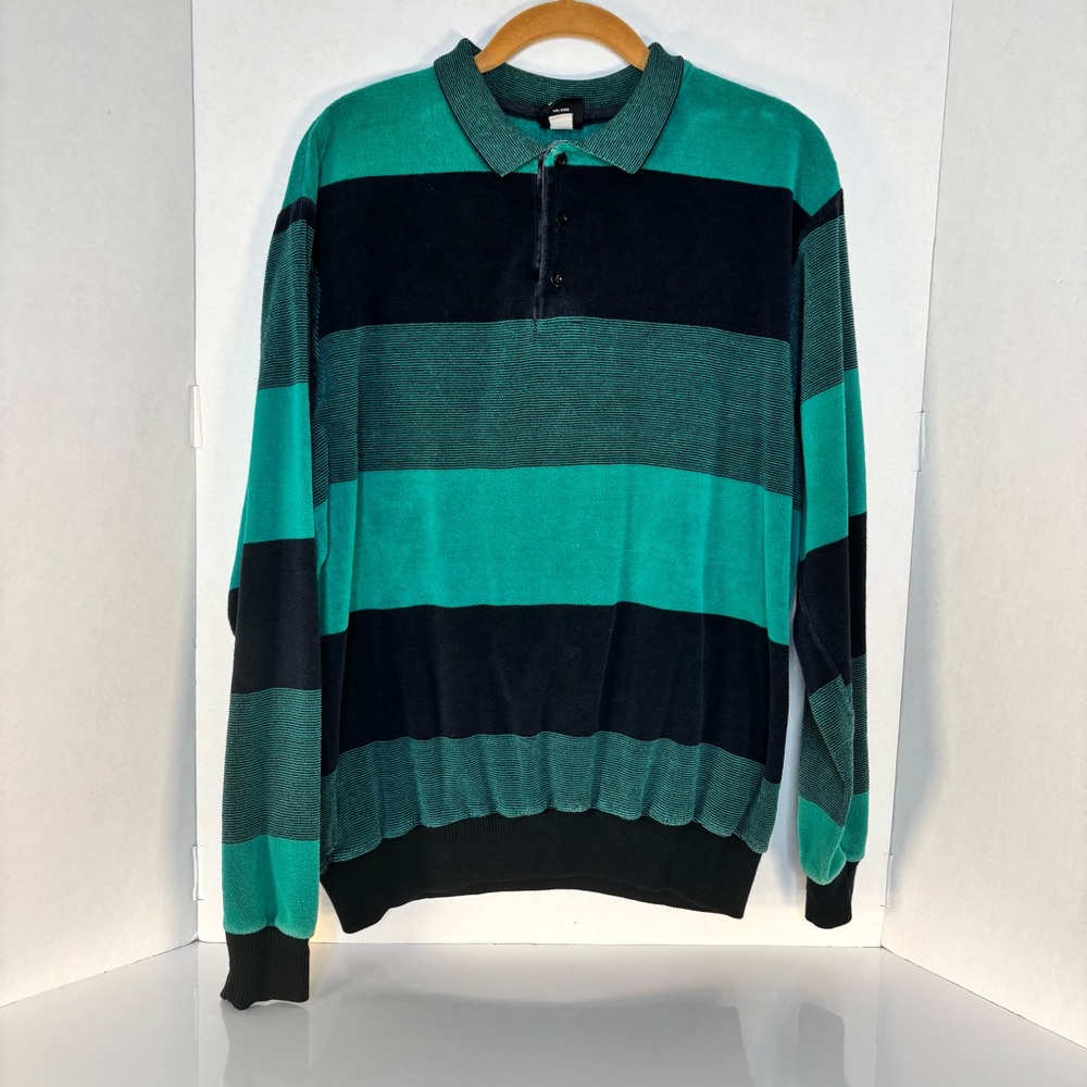 Men's Striped Long-Sleeve Polo Velour Shirt in Teal and Black XL - Picture 5 of 7